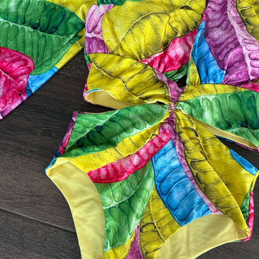 Sexy Tropical Leaves Sea Cycle Swim Long Sleeve Cut Out Swimsuit Sz S 4/6 - Picture 3 of 8